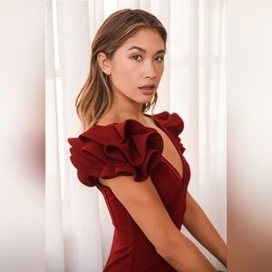 Lulus Alethea Wine Red Ruffled Mermaid Maxi Dress - Size XS